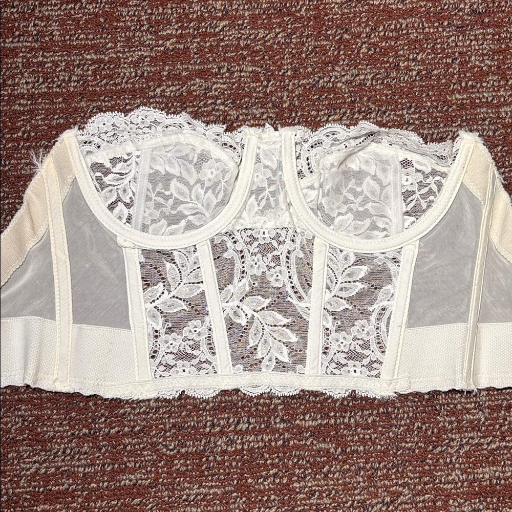 Fleur De Lace cream eyelet lace bustier sheer delicate lace vintage bra 36A - Picture 5 of 16